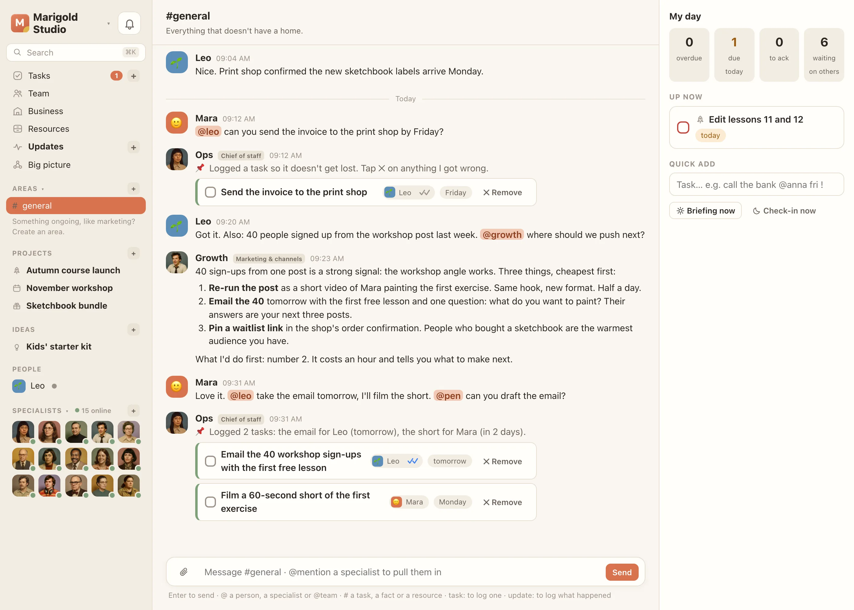 The #general area: one person asks the other to send an invoice by Friday, Ops turns it into a task card under the message, and Growth answers a marketing question