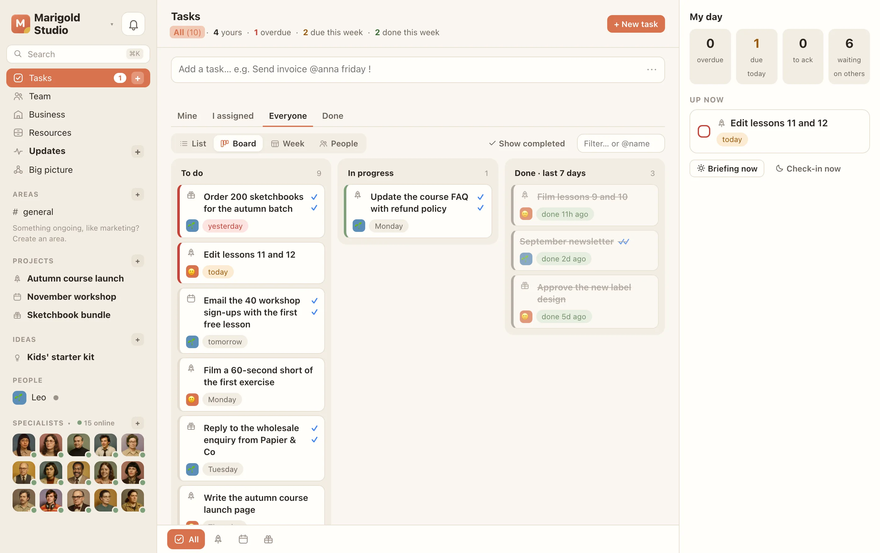 The tasks board with columns for to do, in progress and done
